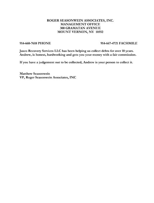 Testimonial 5 - Roger Seasonwein
									Associates, Inc.